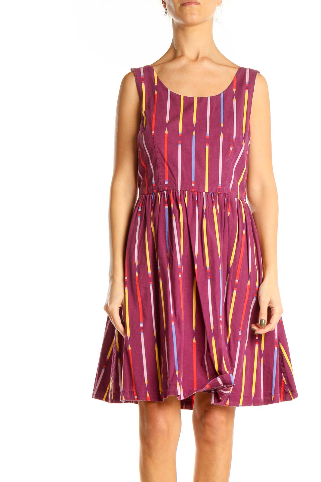 Purple Striped Classic Fit & Flare Dress Front