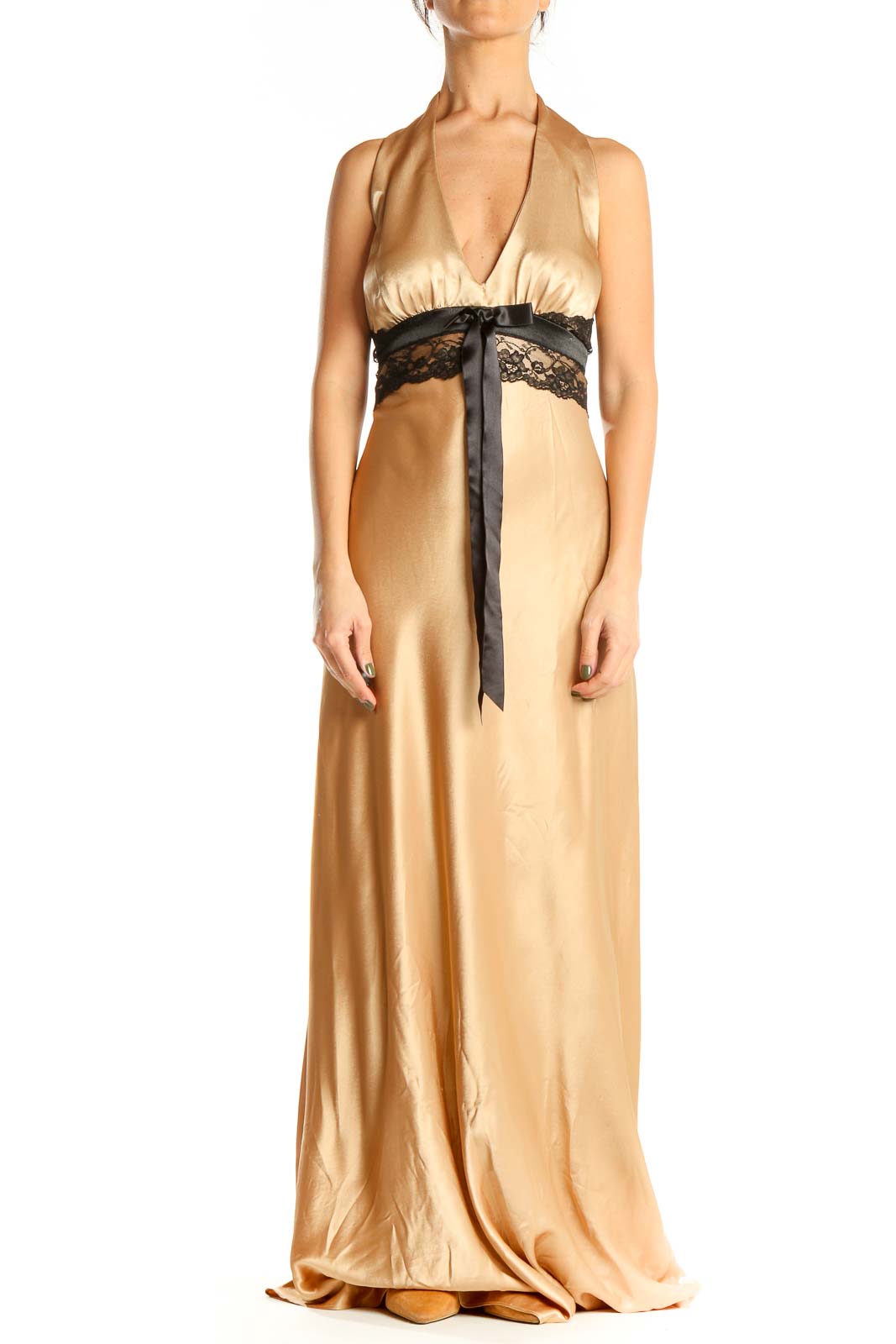 Gold Black Lace Formal Column Dress Front