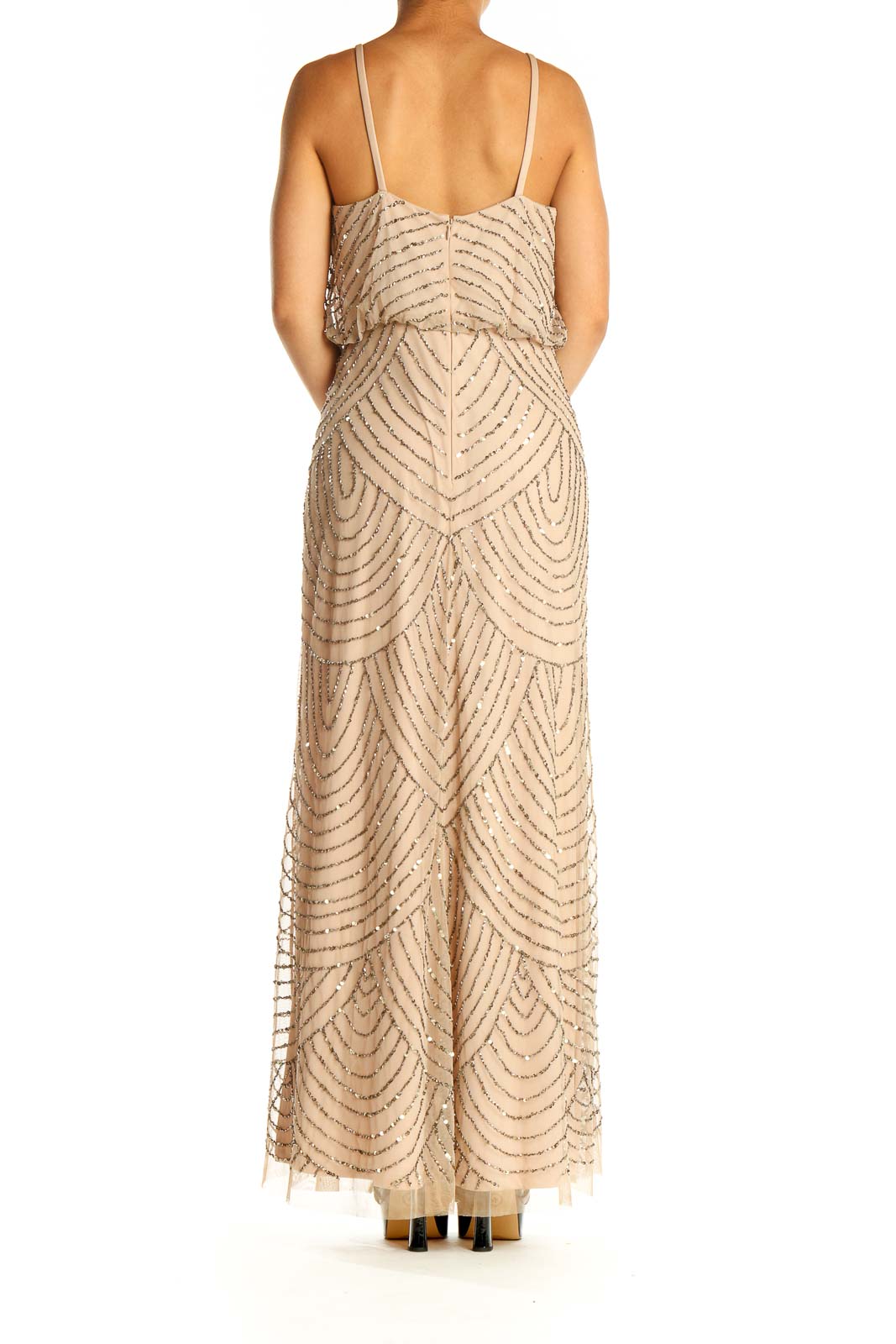 Adrianna Papell Beige Sequin Cocktail Column Dress Polyester