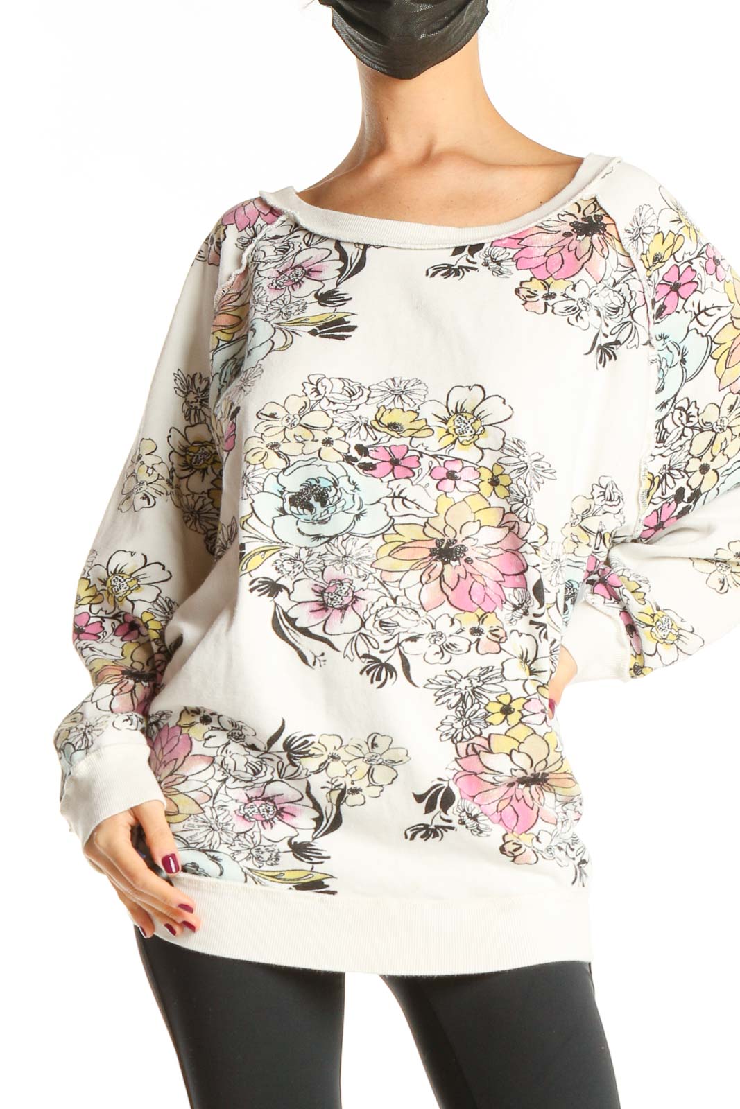White Floral Print All Day Wear Sweater Front