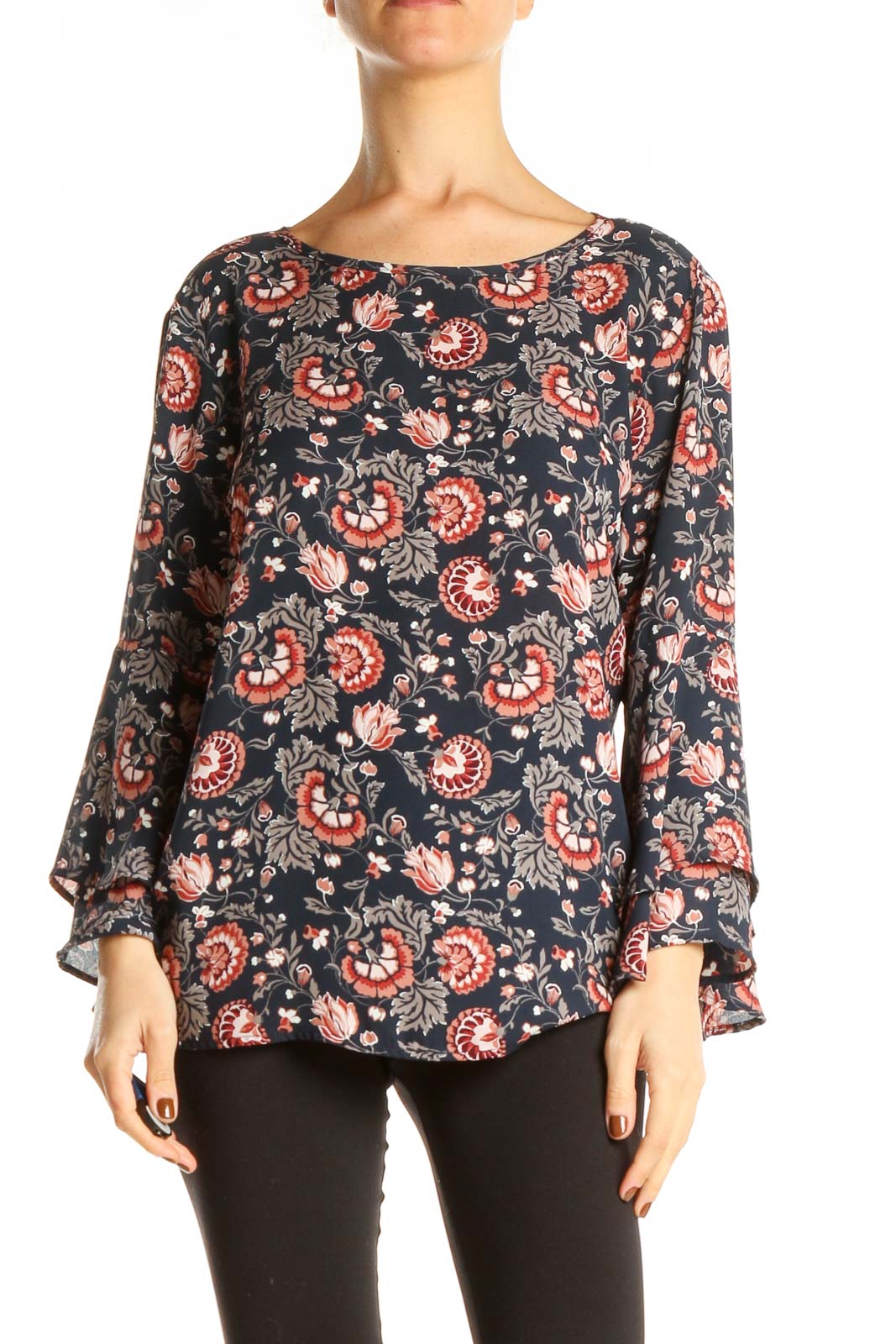 Blue Pink Floral Print Casual Top Front