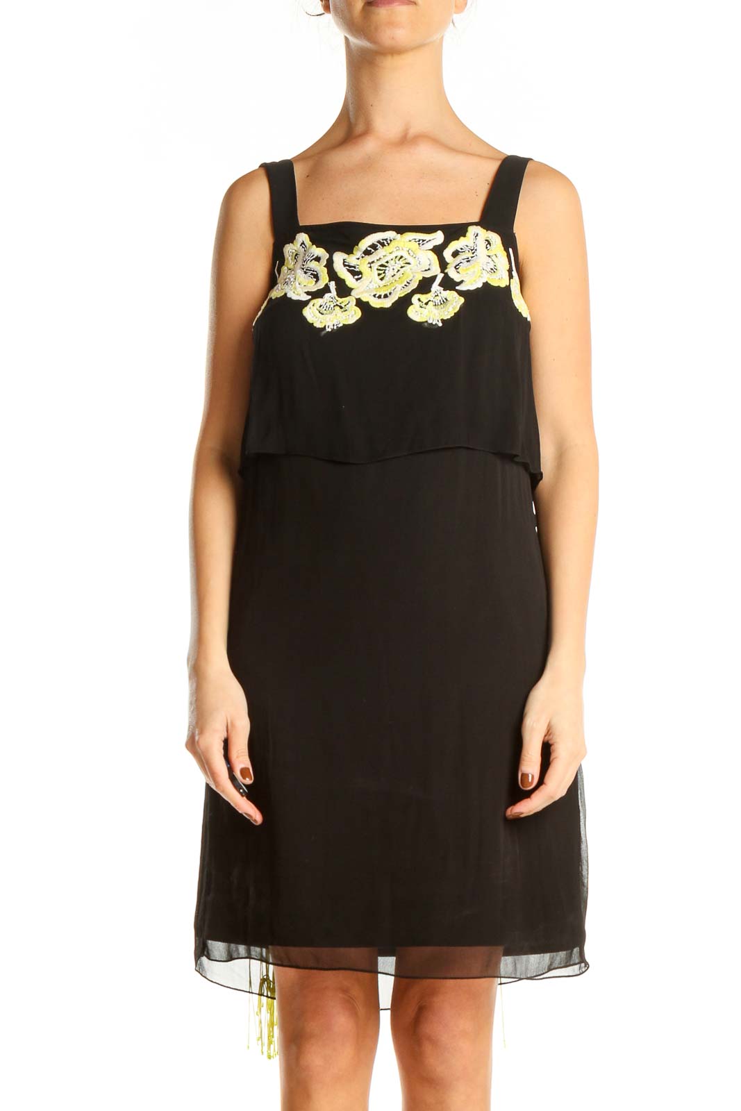 Black Embroidered Classic Sheath Dress Front