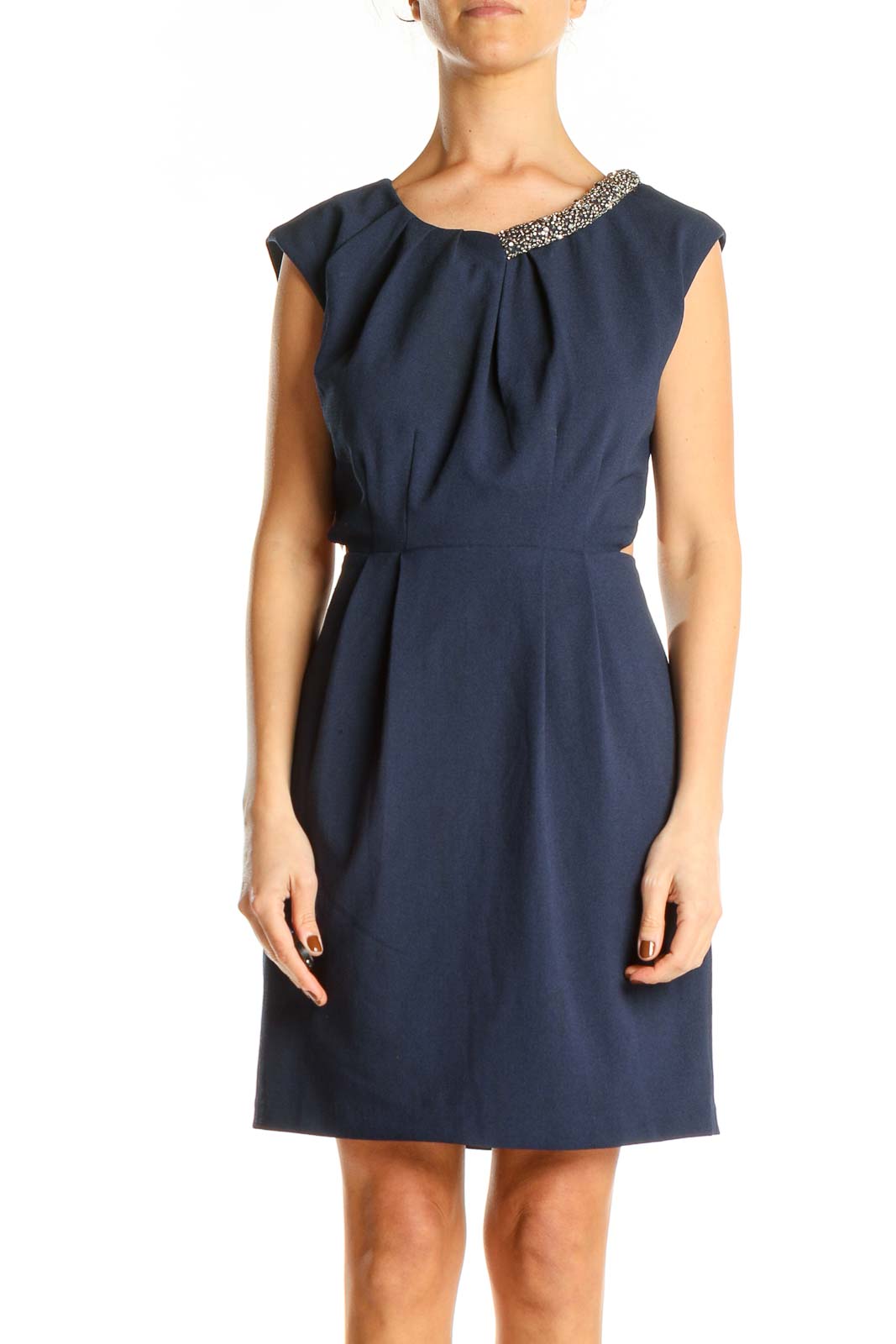 Blue Classic Sequin Neckline Fit & Flare Dress Front