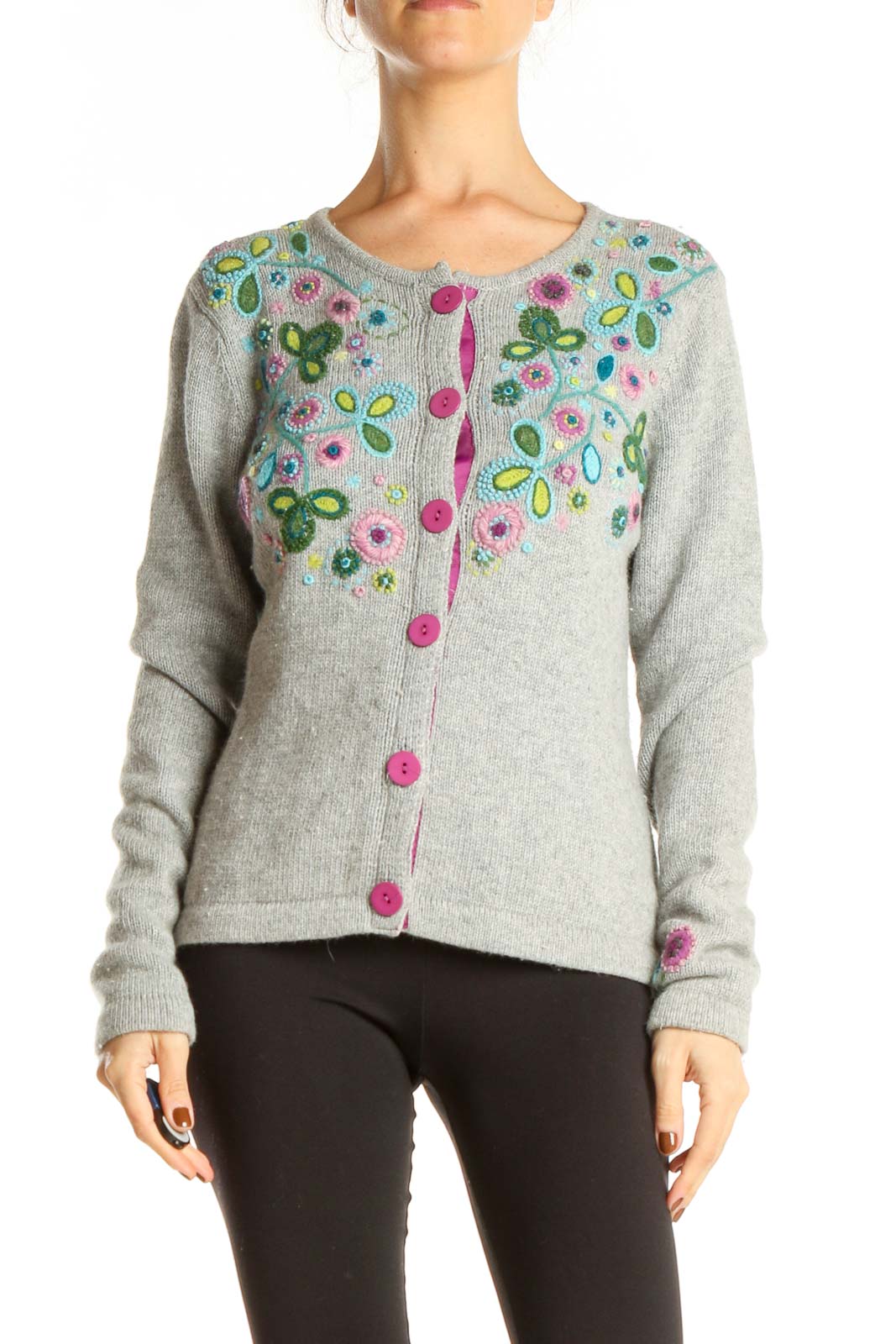 Gray Embroidered Cardigan Front