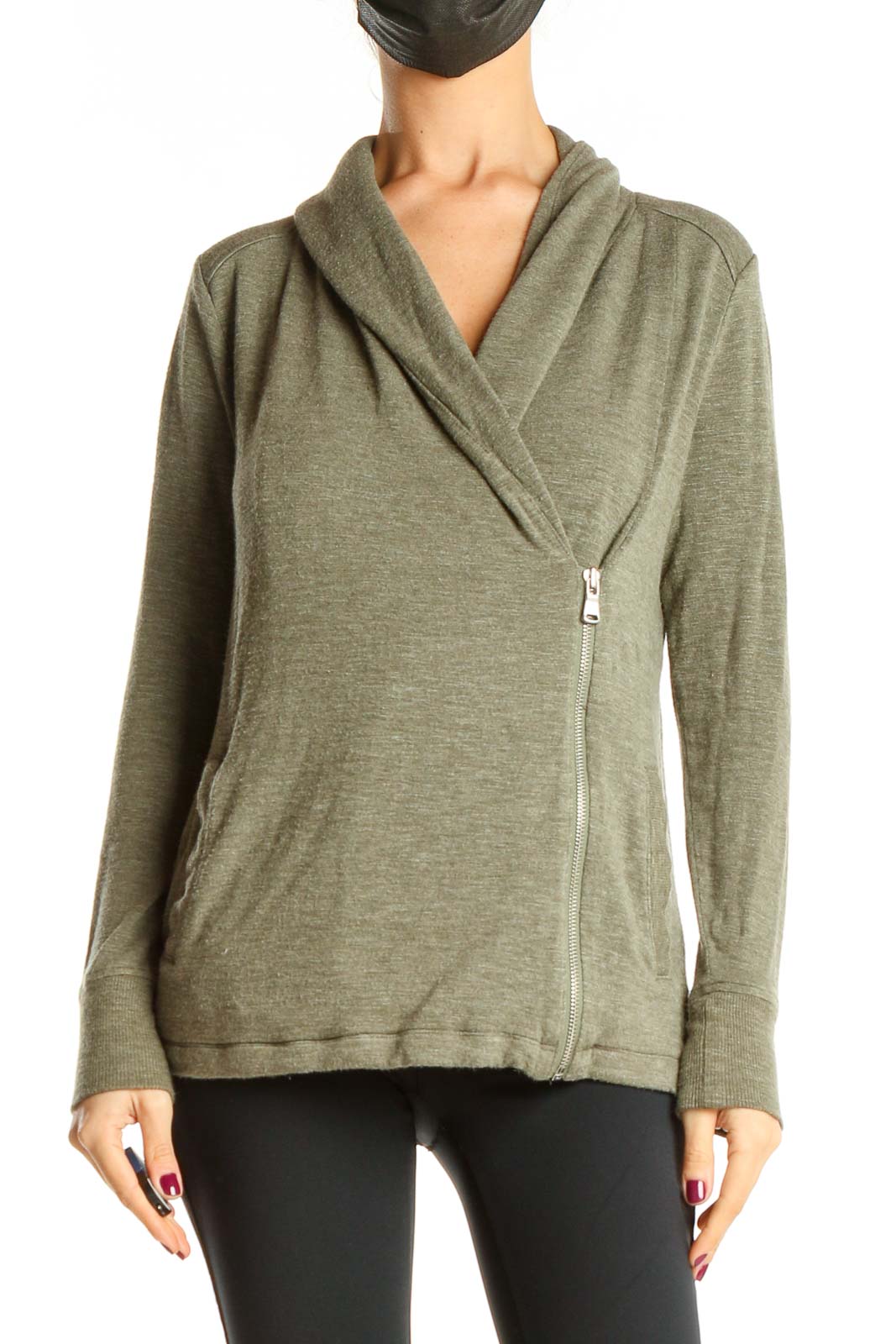 Green All Day Wear Zip-Up Sweater Front