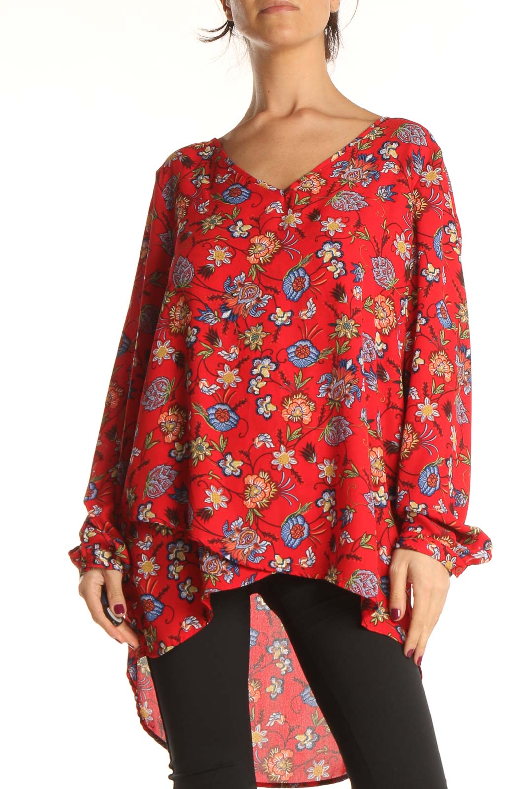 Red Floral Print Holiday Blouse Front