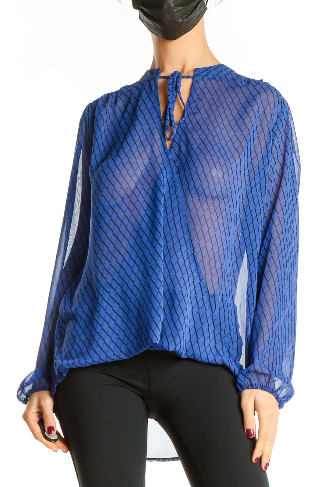 Blue Printed Chic Sheer Top Front