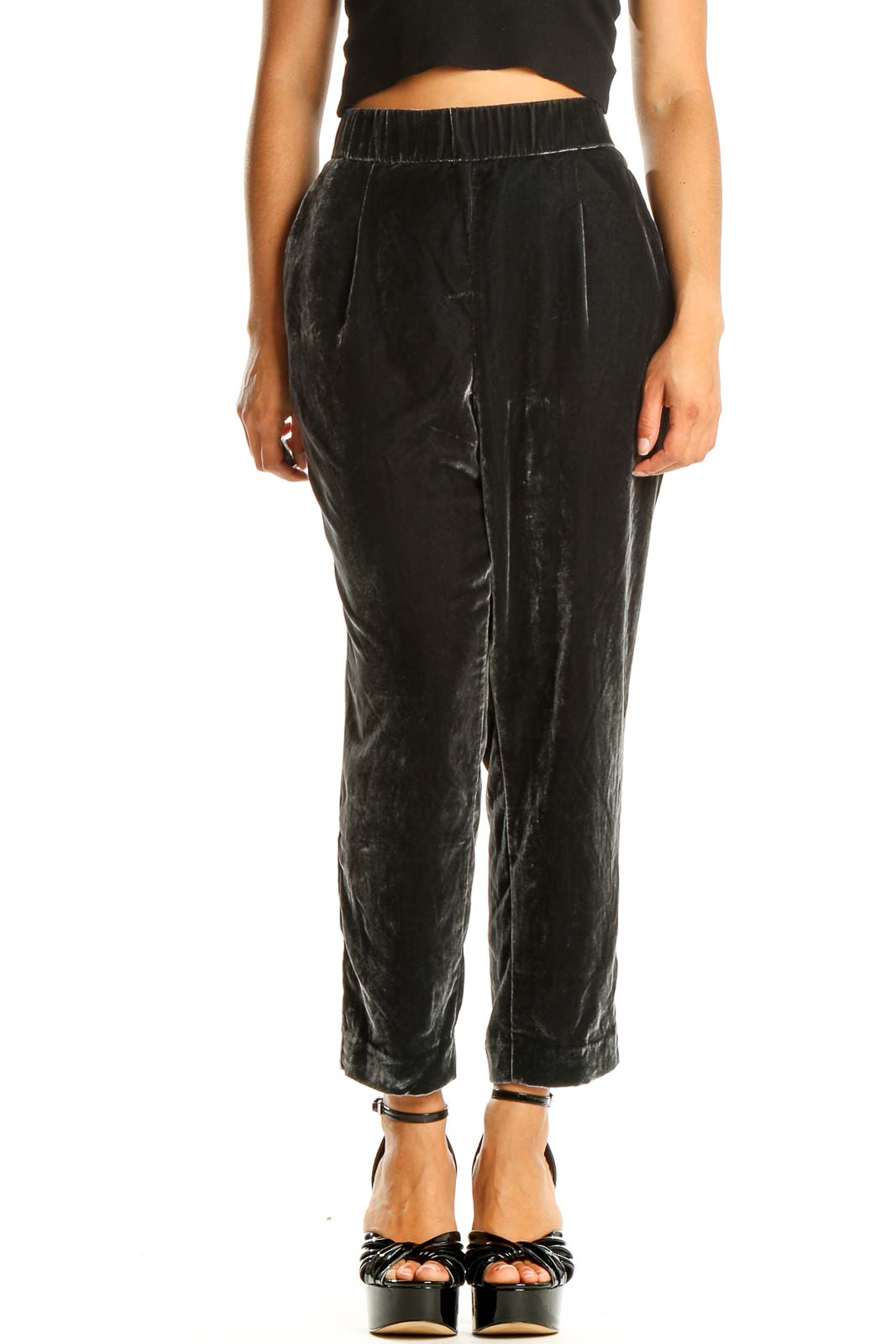 Black Velour Cropped All Day Wear Pants Front