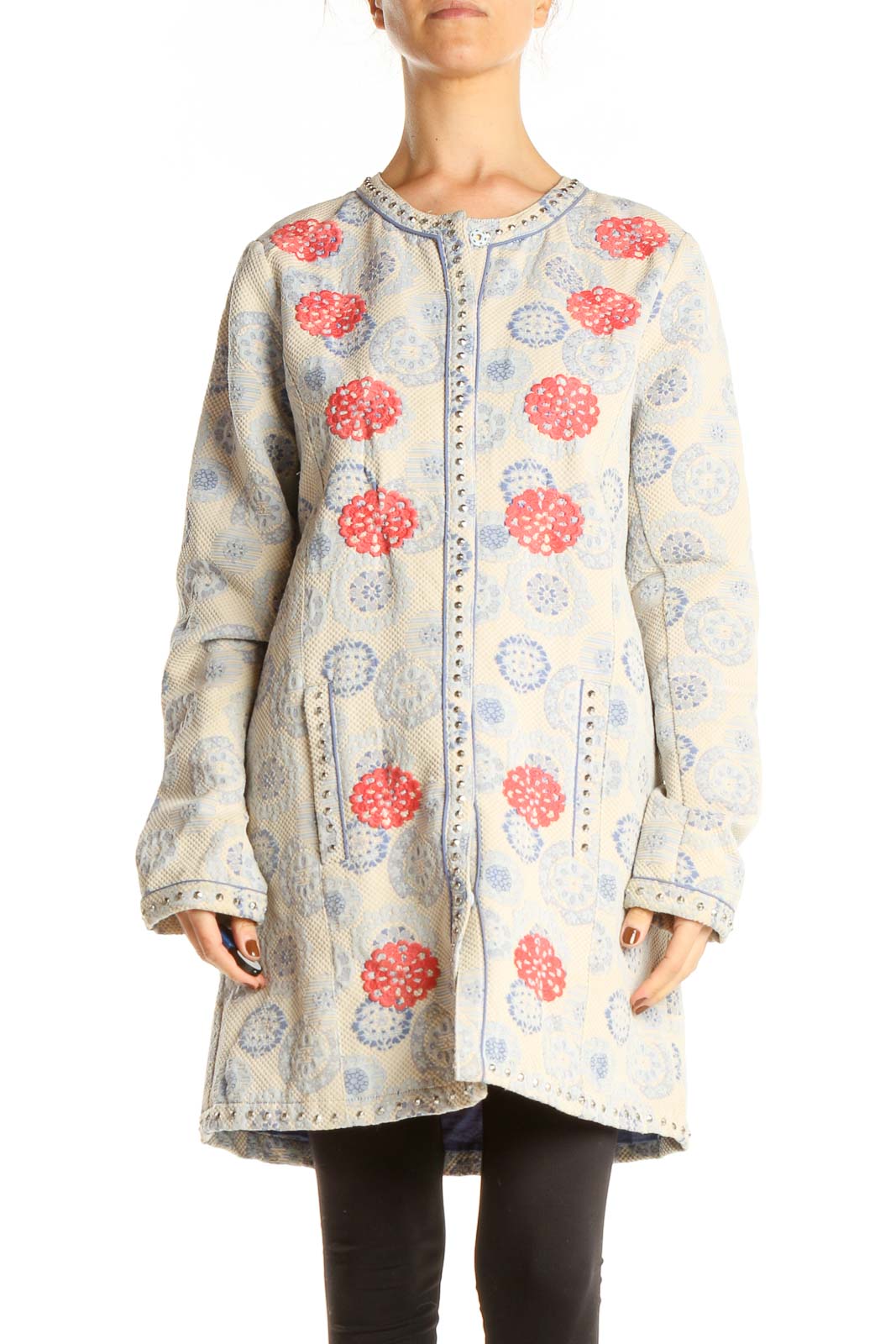 Beige Embroidered Retro Jacket Front