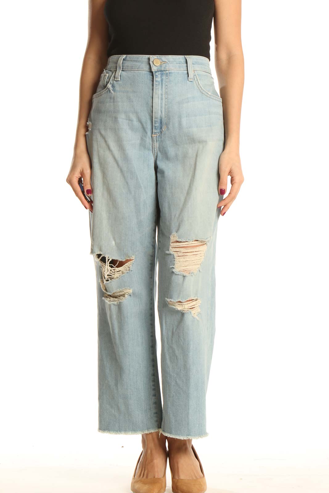 Blue Distressed Straight Leg Jeans Front