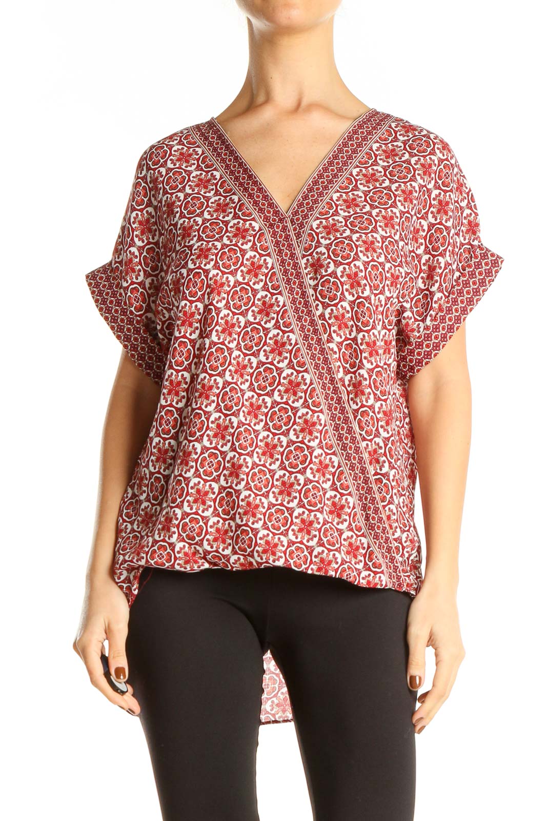 Red Printed Casual Blouse Front