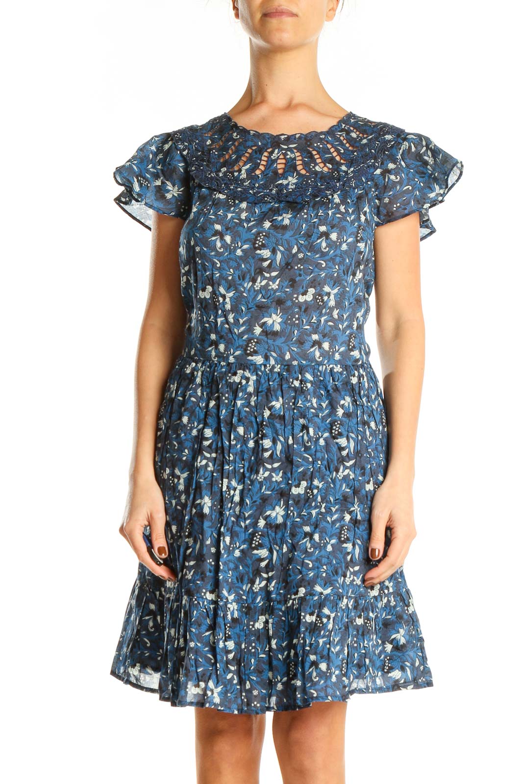 Blue Floral Print Chic Fit & Flare Dress Front