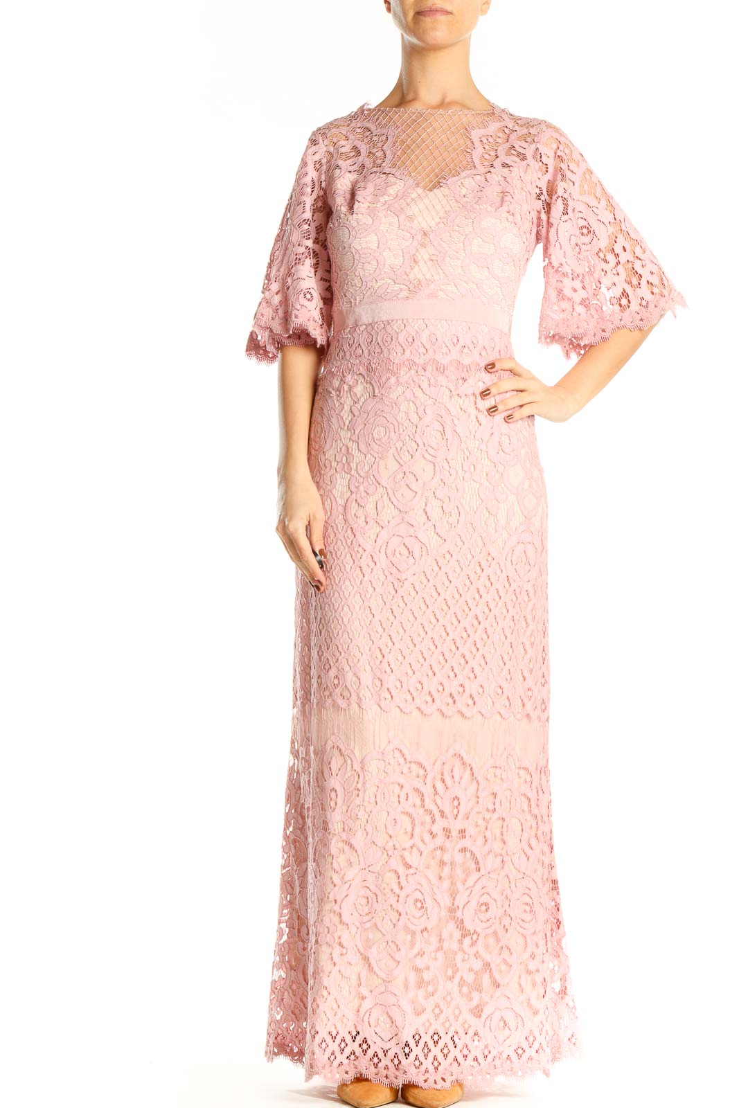 Pink Lace Column Dress Front