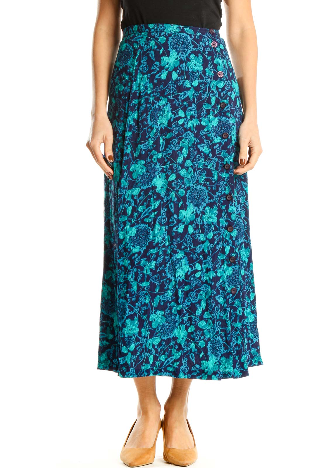 Blue Floral Print Holiday Midi Skirt Front