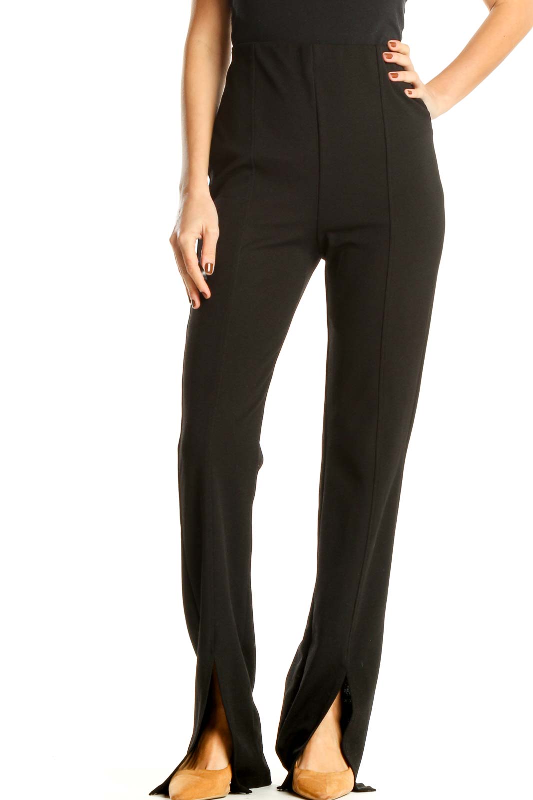 Black High Waisted Slit Classic Pants Front