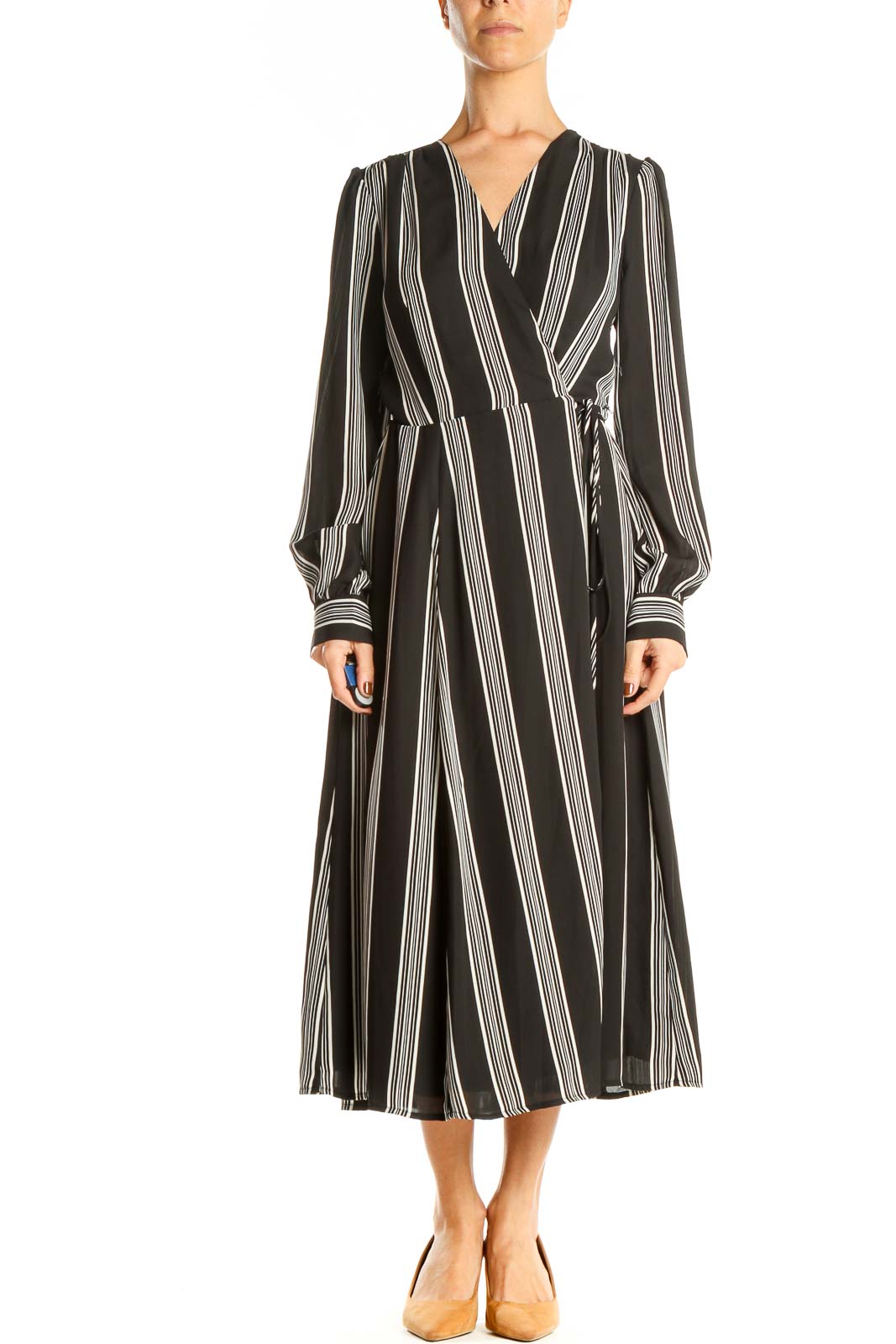 Black White Striped Classic Fit & Flare Dress Front