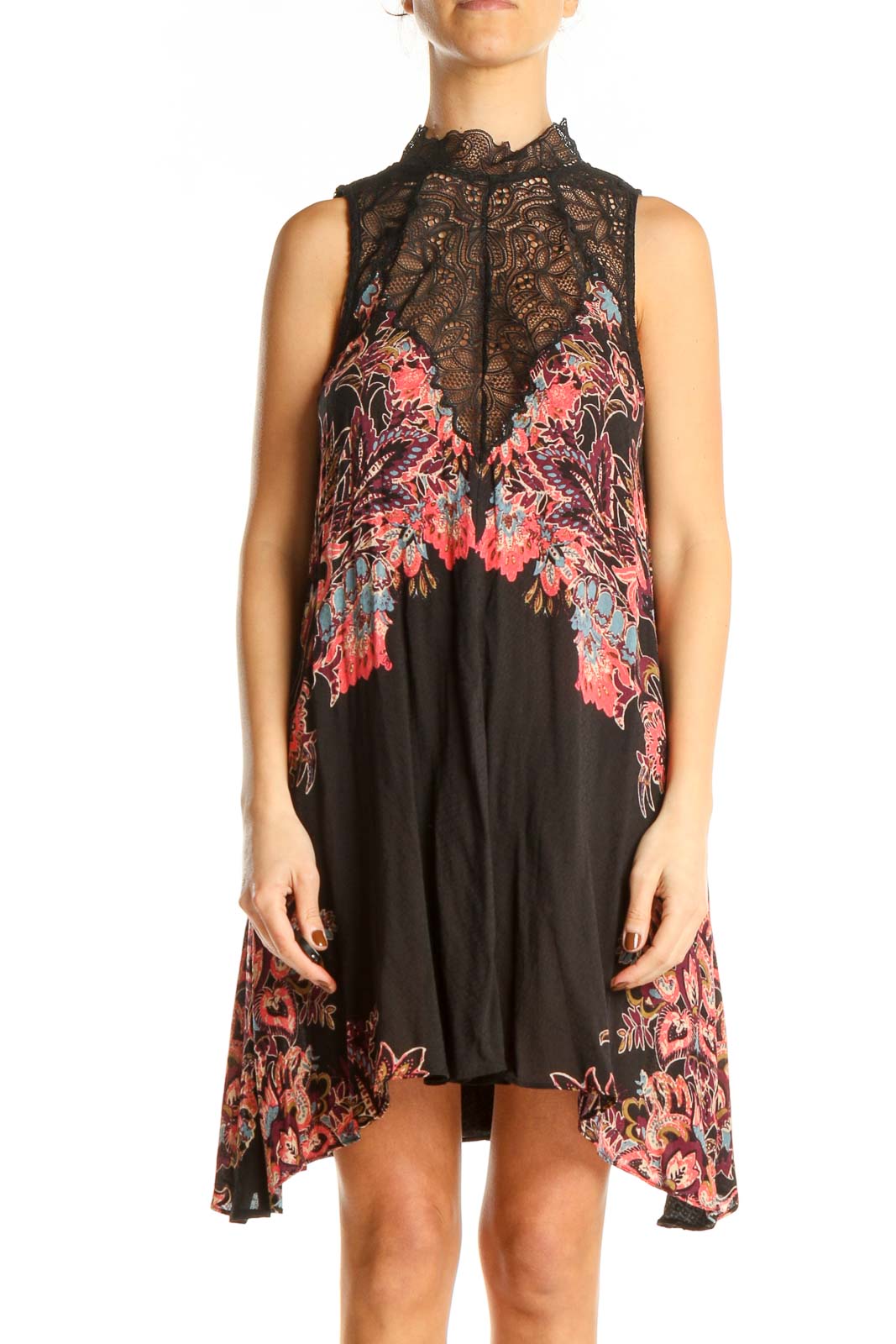 Black Pink Lace Bohemian Fit & Flare Dress Front