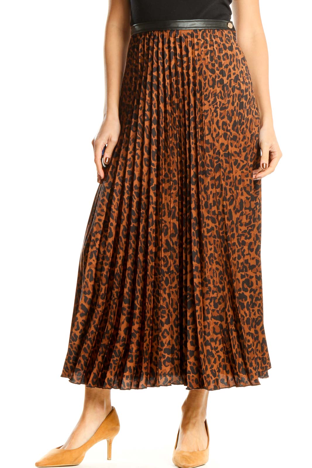 Brown Animal Print Holiday Pleated Flared Skirt Front