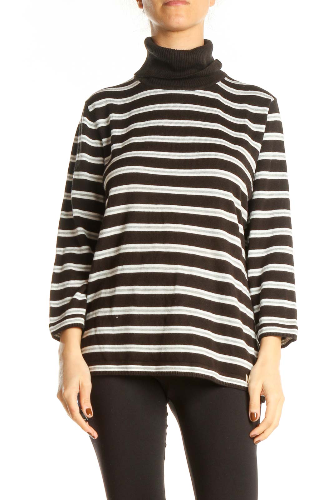 Black White Turtleneck Striped Classic Top Front