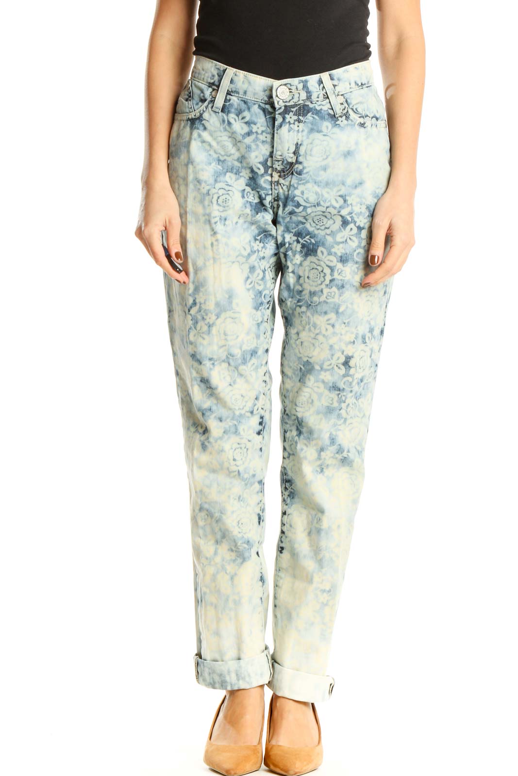 Blue Acid Wash Printed Straight Leg Jeans Front