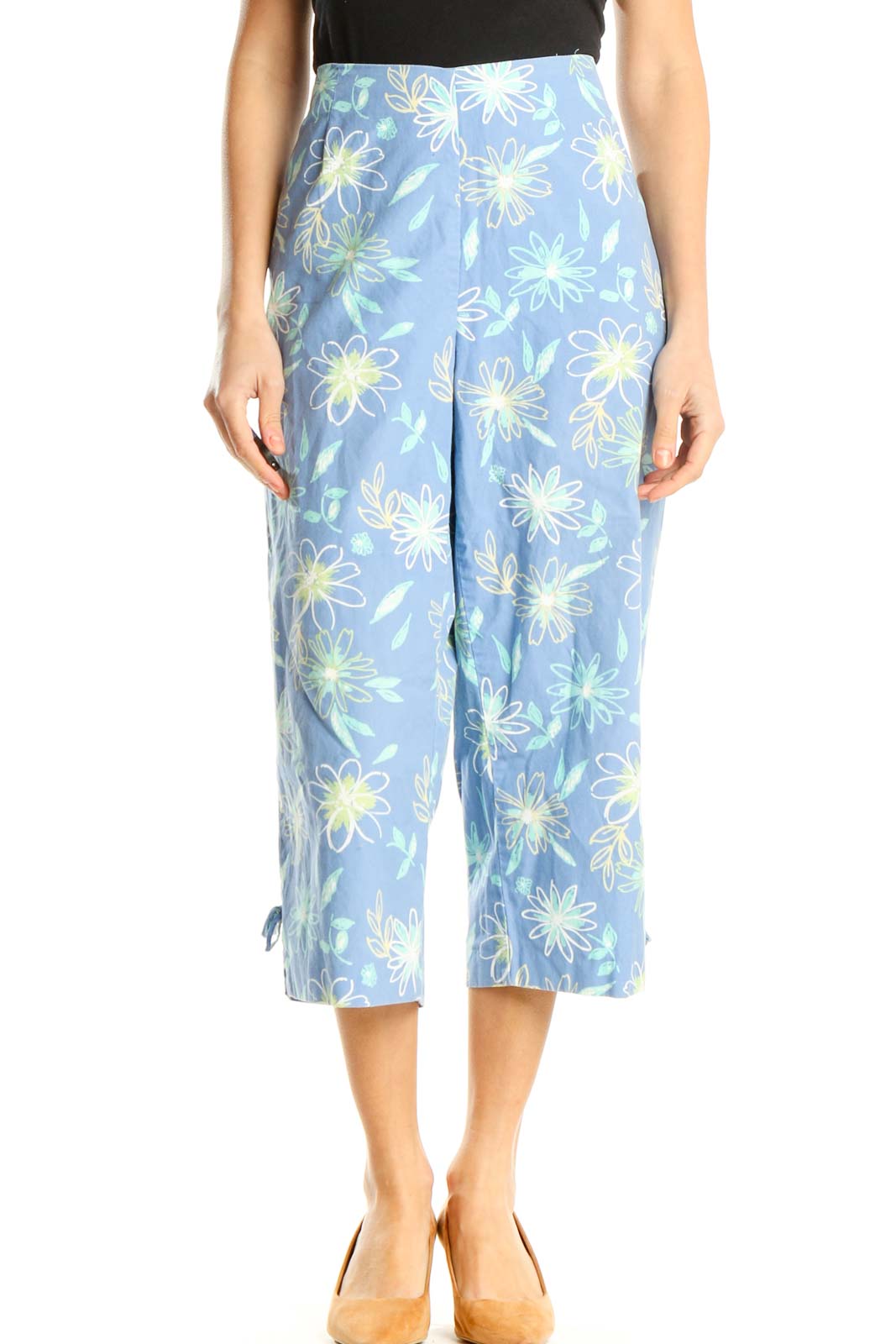 Blue Floral Print Casual Capri Pants Front
