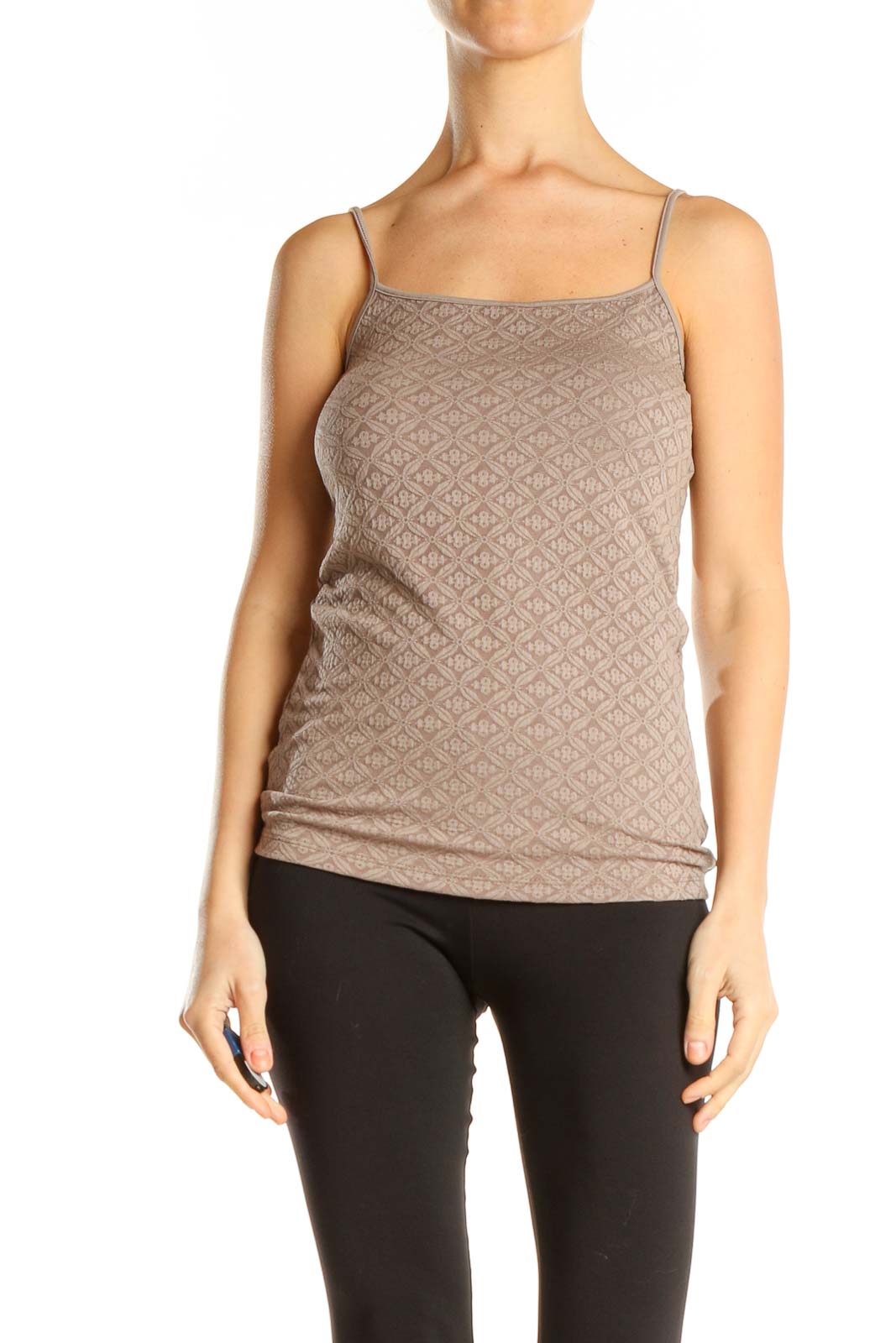 Brown Printed Casual Tank Top Front
