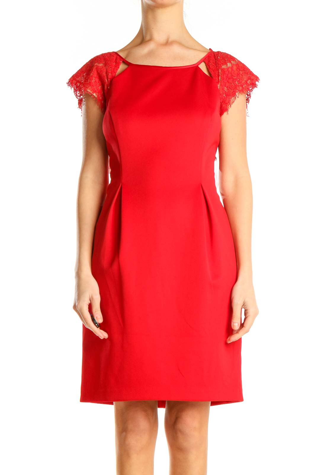 Red Classic Sheath Lace Sleeve Dress Front