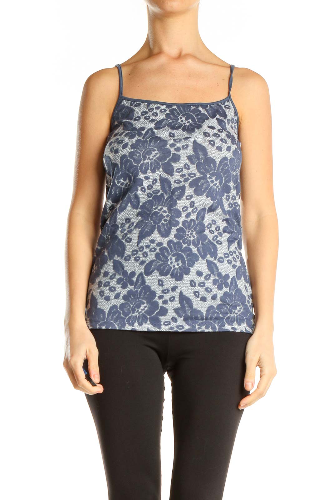 Blue Floral Print Casual Tank Top Front