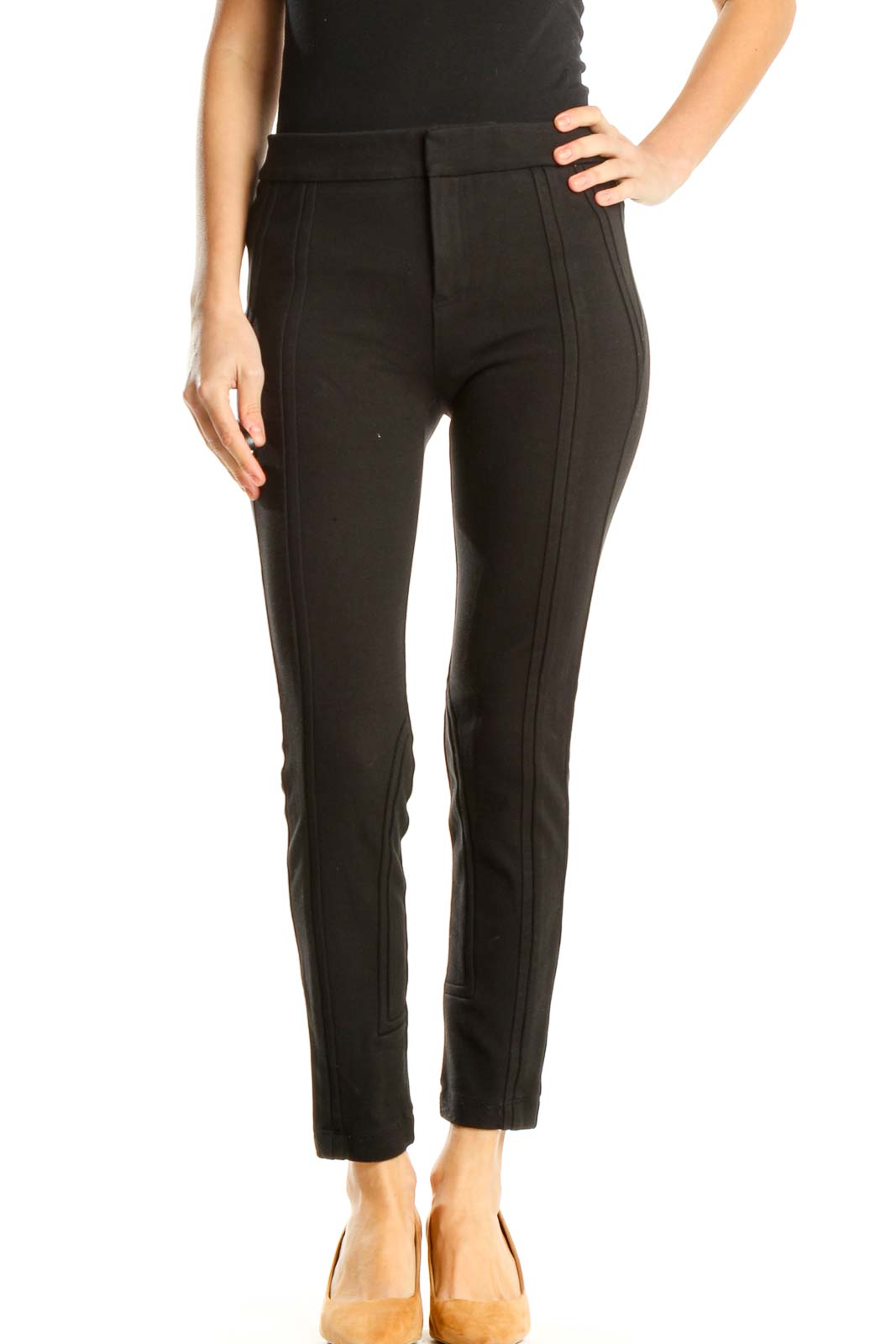 Black Textured Casual Pants Front