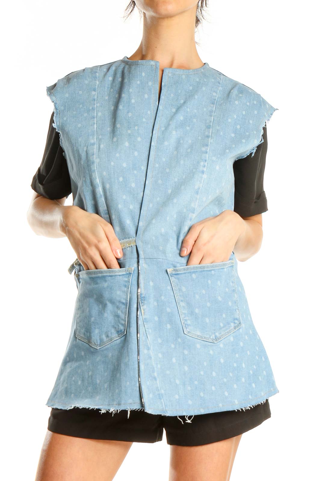 Reworked: two tone denim wrap vest with peplum bottom and front pockets (S-L) Front