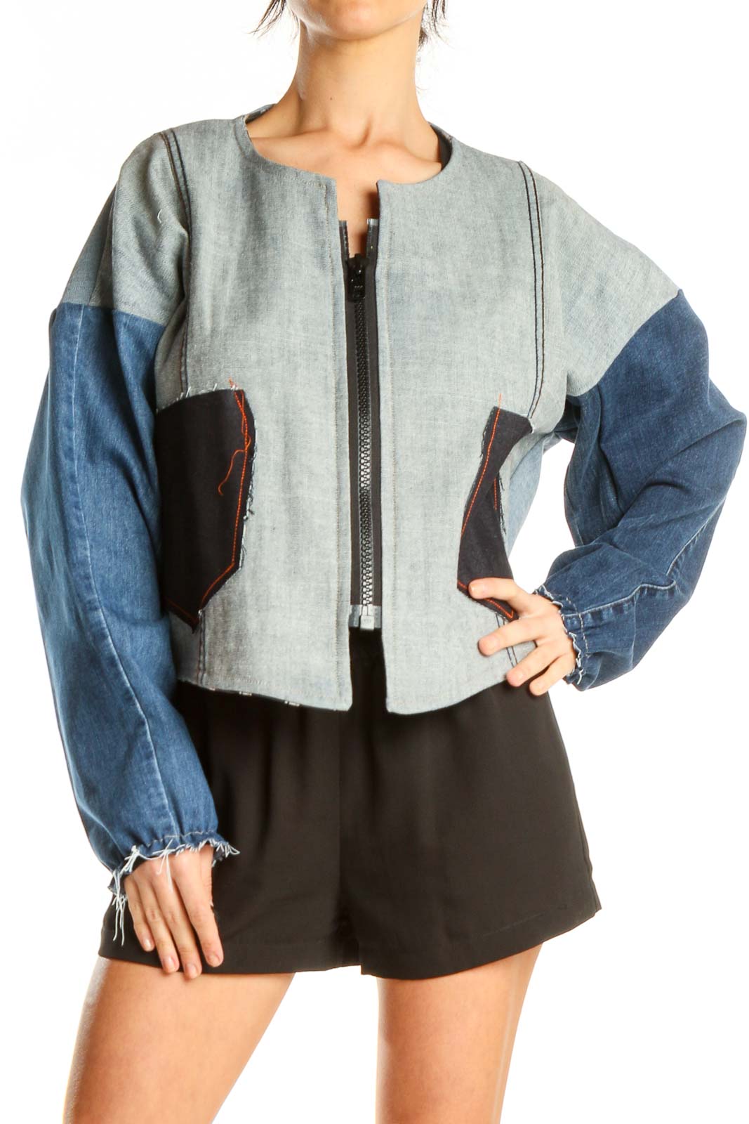 Reworked: Oversized jacket with denim front pockets, scrunchy raw finish sleeves (S-L) Front