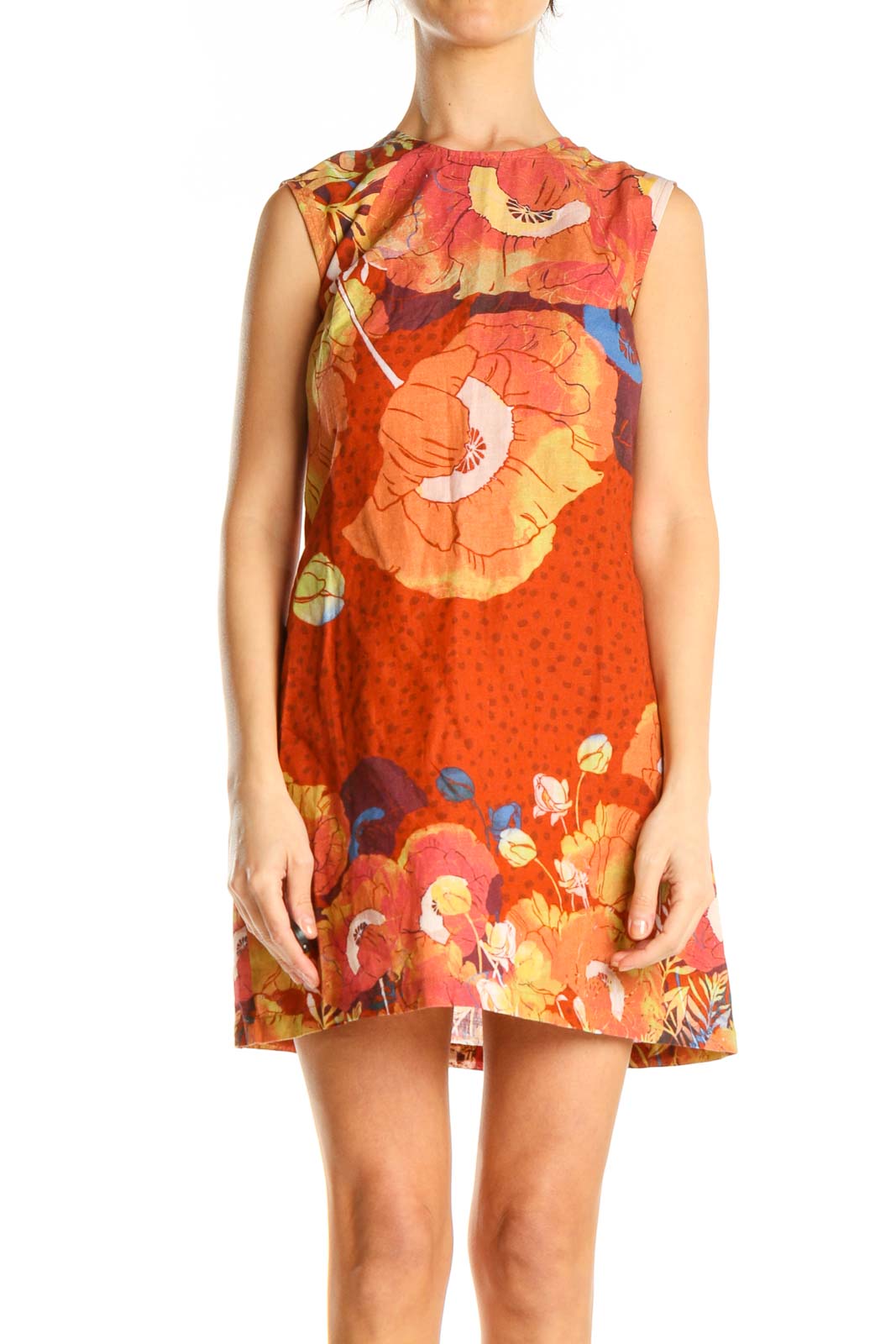 Orange Floral Print Retro Fit & Flare Dress Front