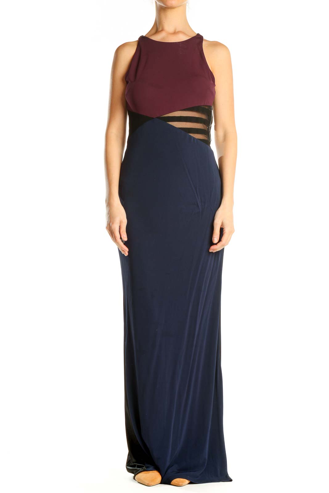 Blue Colorblock Chic Column Dress with Mesh Panel Front