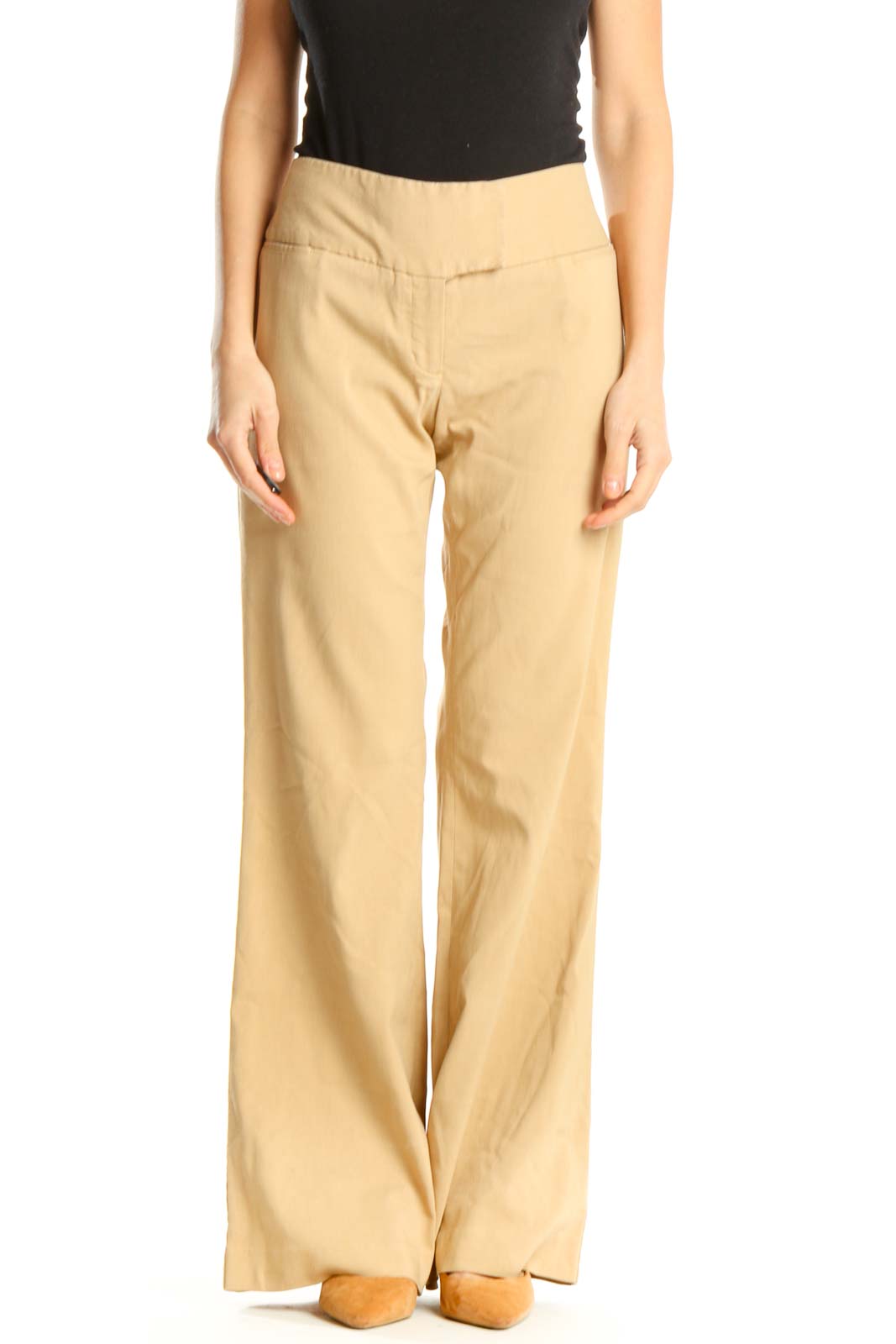 Beige Casual Wide Leg Trousers Front