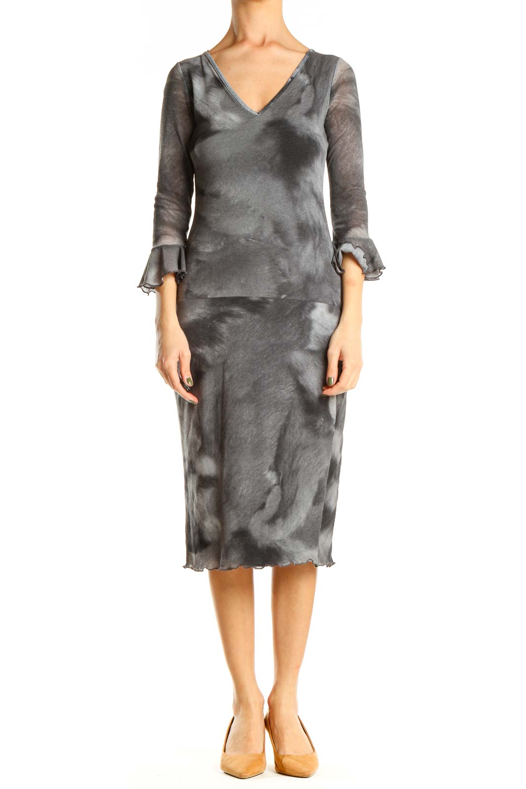 Gray Classic Sheath Dress with Ruffle Sleeves Front