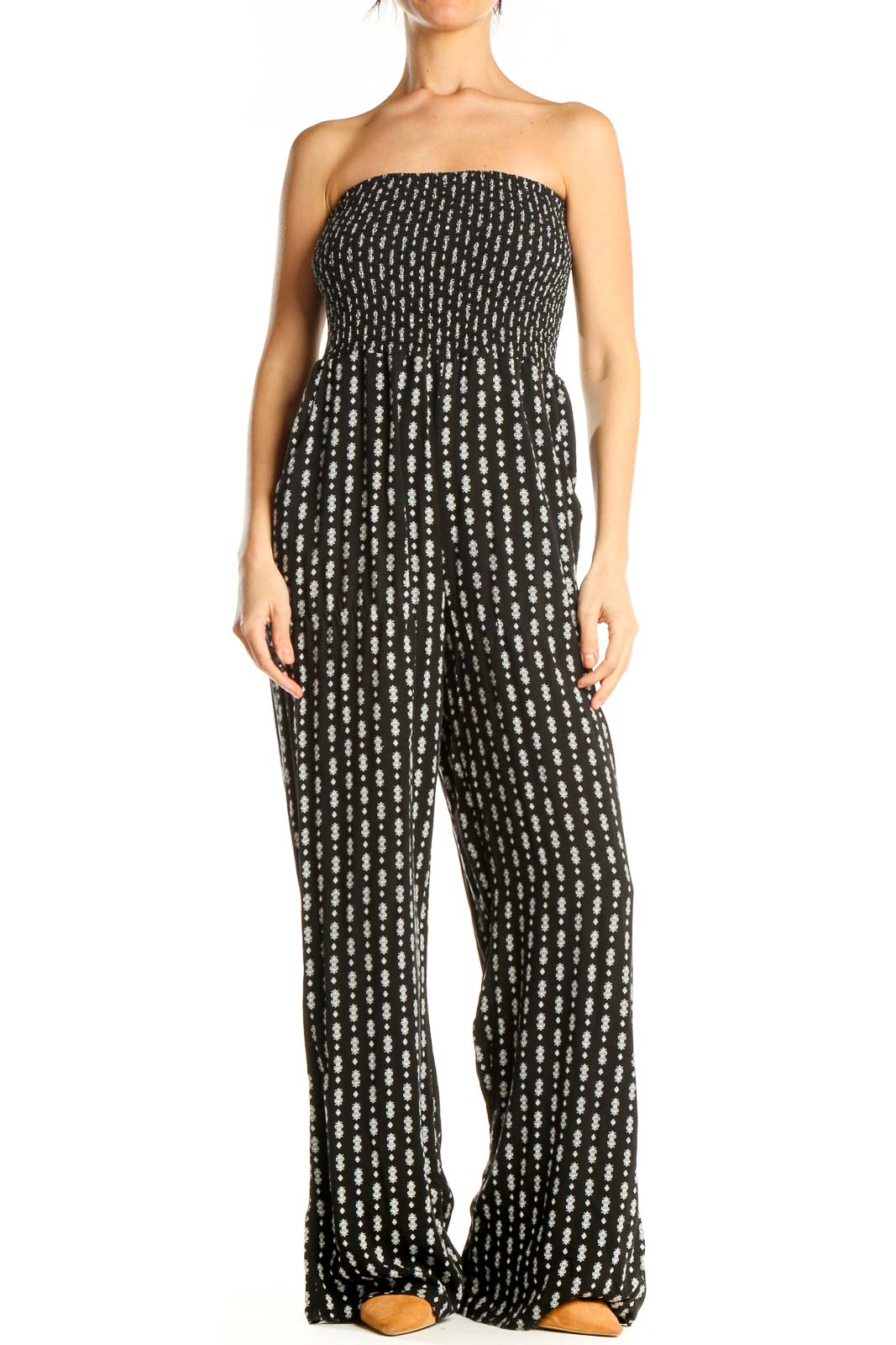 Black Printed Strapless Jumpsuit Front