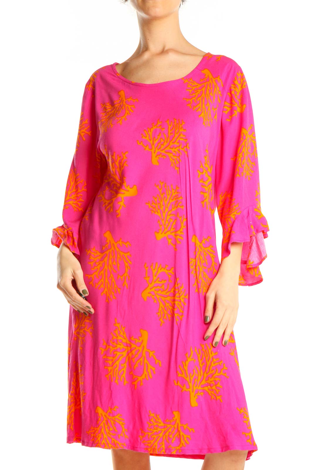 Pink Printed Classic Shift Dress Front