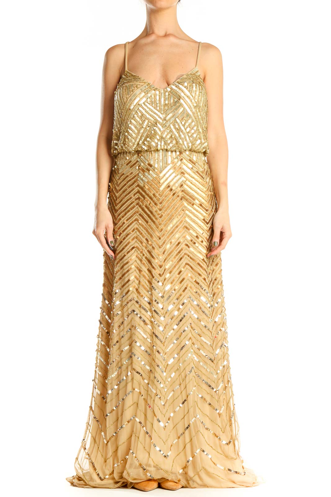 Gold Sequin Cocktail Column Dress Front