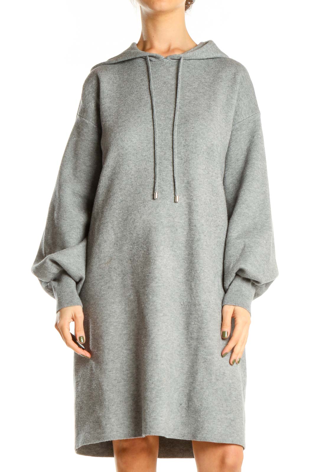 Gray Casual Sweater Dress with Hood Front