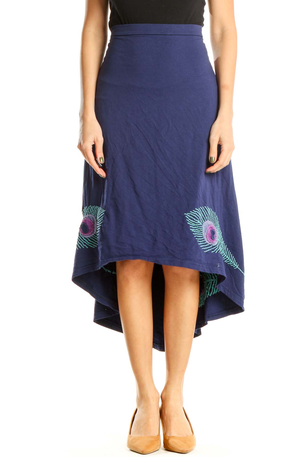 Blue High-Low Skirt with Feather Detail Front