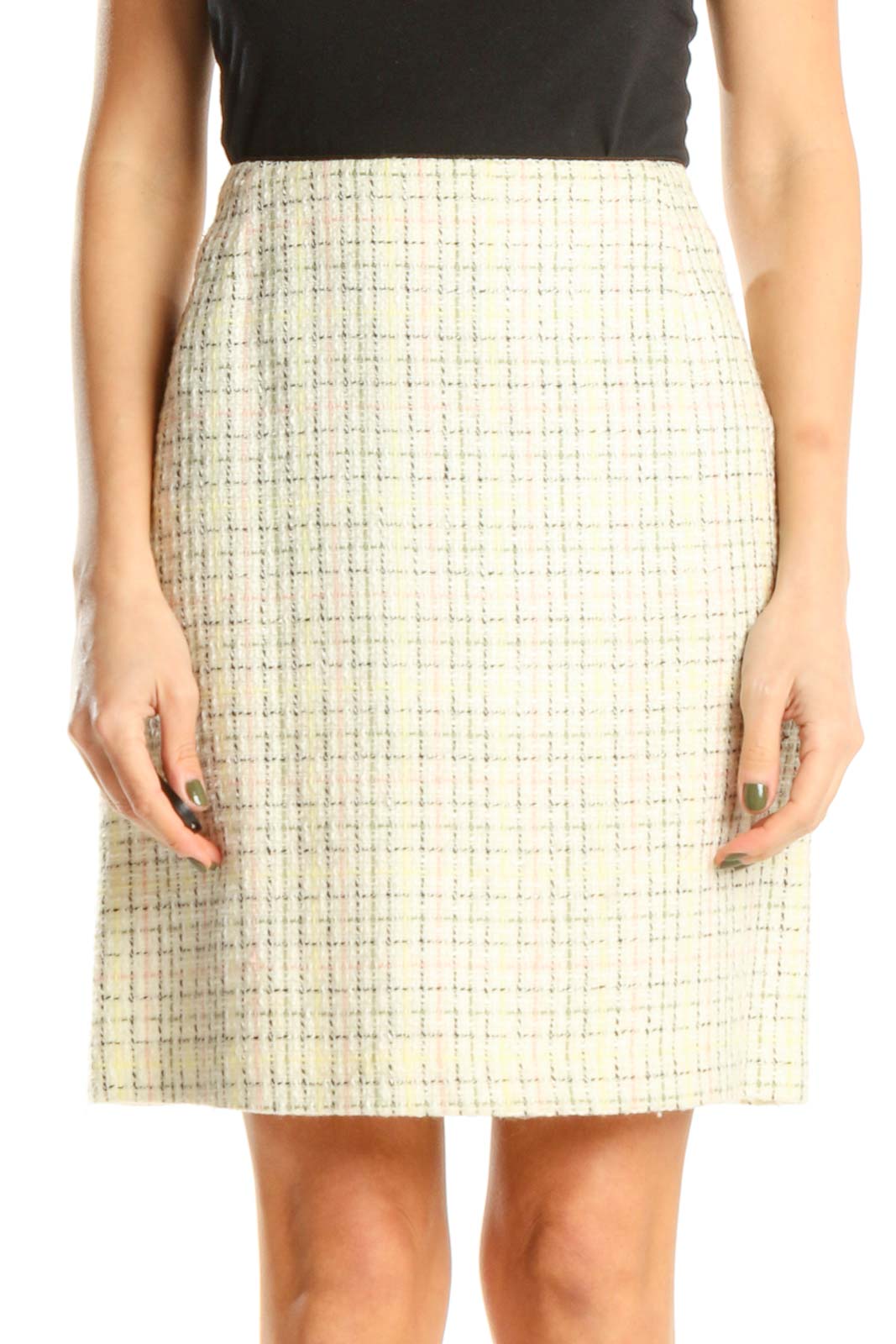 Beige Plaid Tweed Pencil Skirt Front