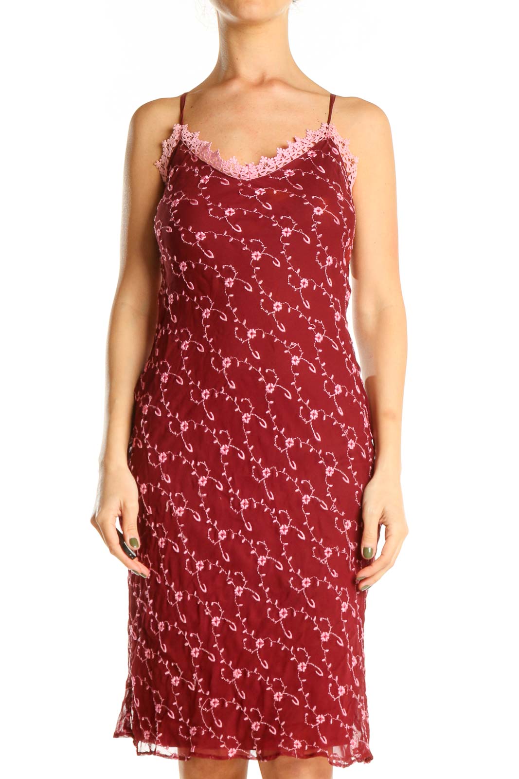 Red Floral Print Embroidered Retro Slip Dress Front