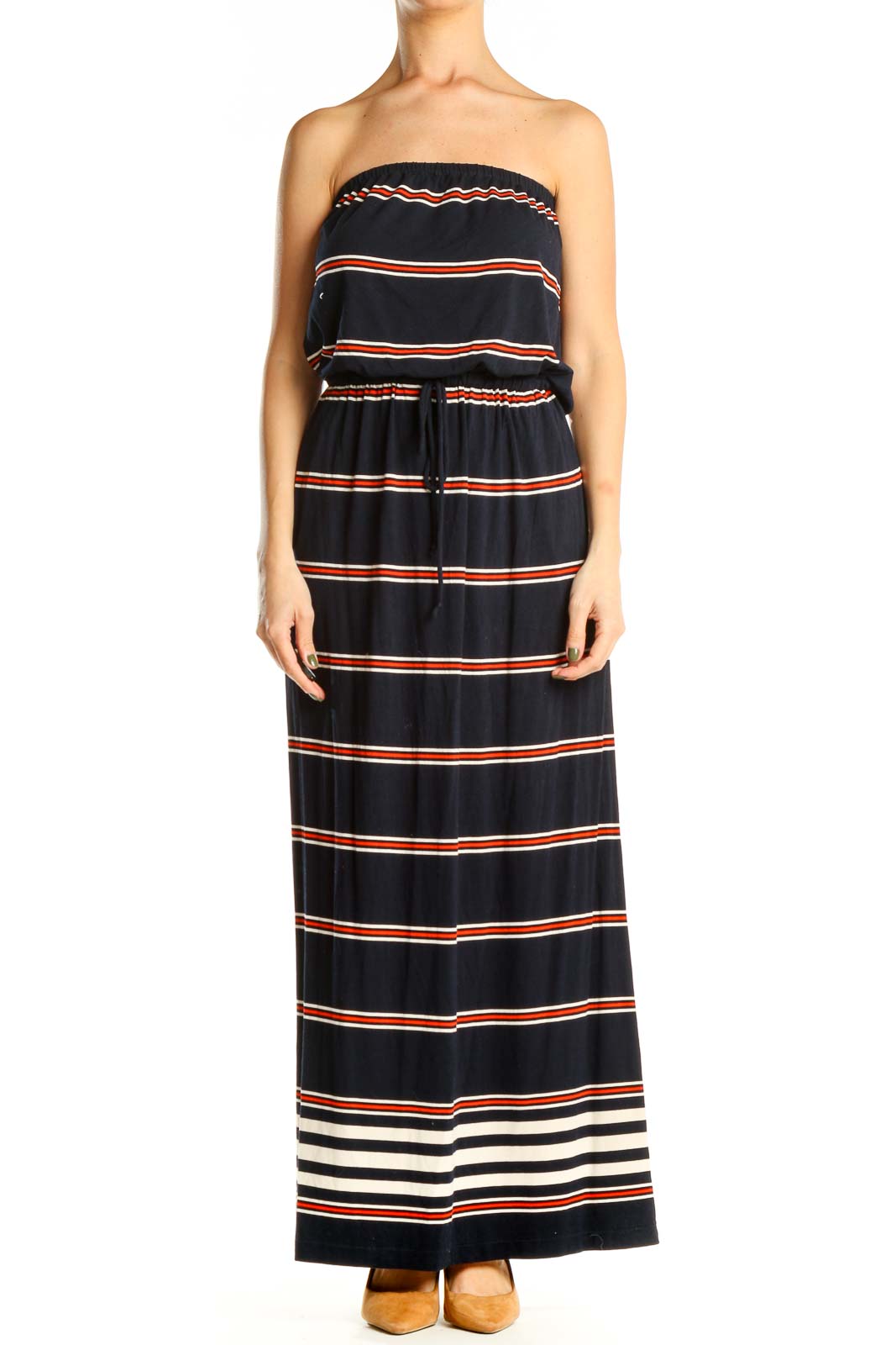 Blue Red Striped Strapless Classic Column Dress Front