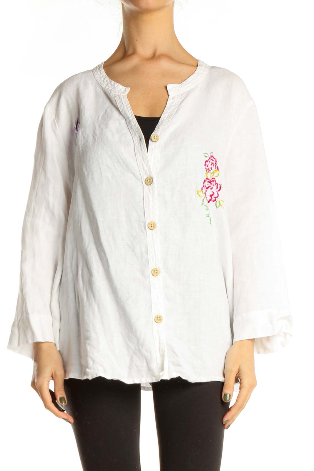 Reworked: White Hand Embroidered Butterfly & Flower Linen Shirt Front
