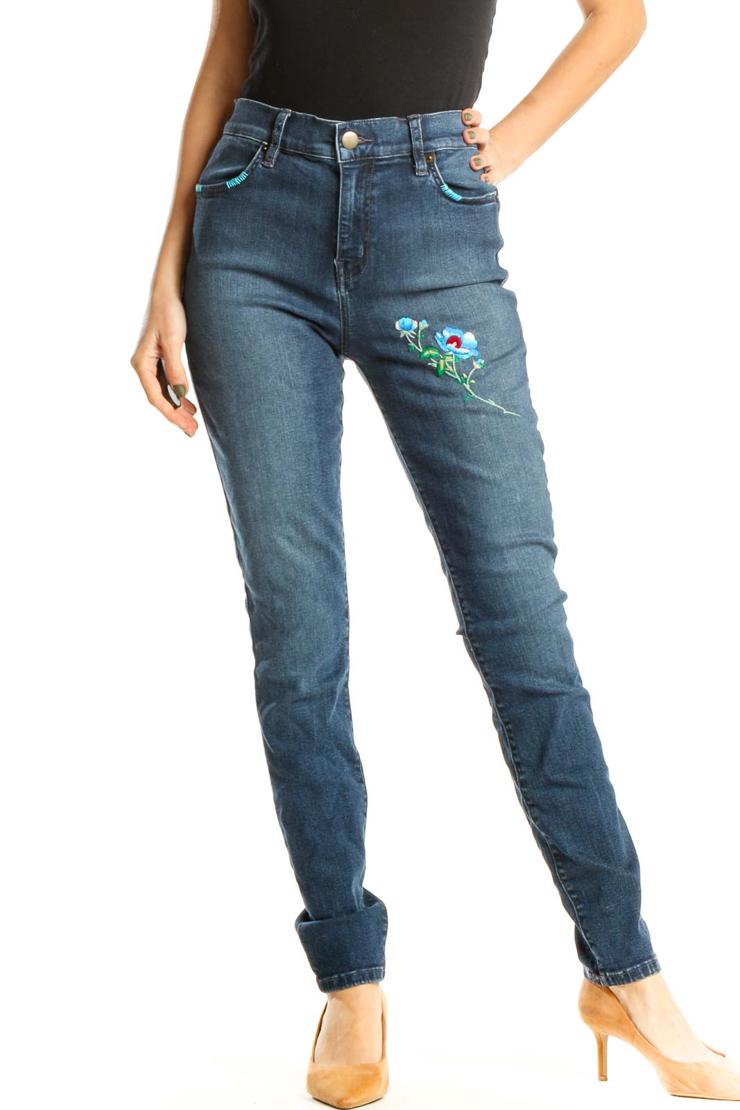 Reworked: Hand Embroidered Jeans with Blue Flowers Front