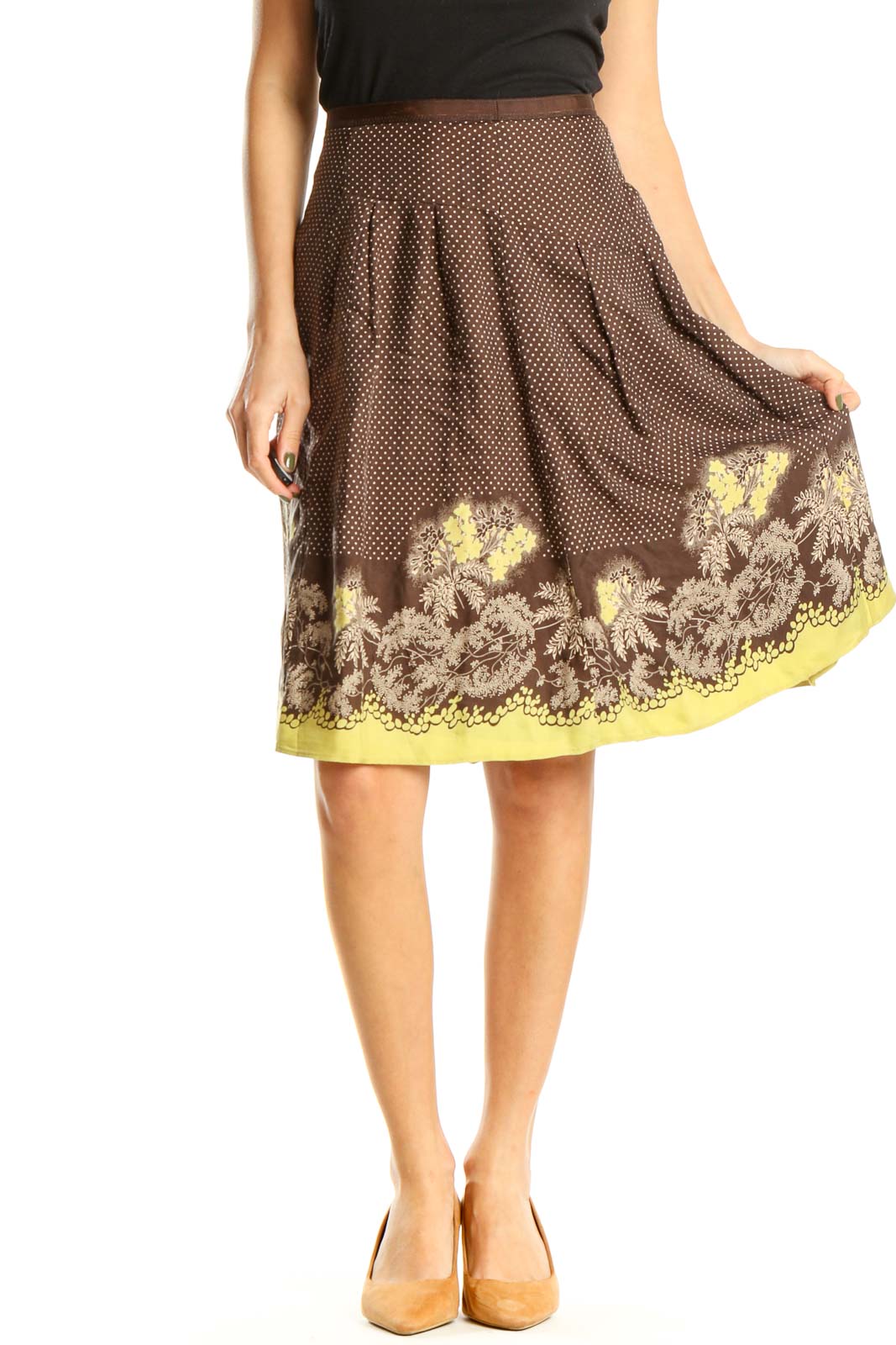 Brown Polka Dot Floral Print Brunch Flared Skirt Front