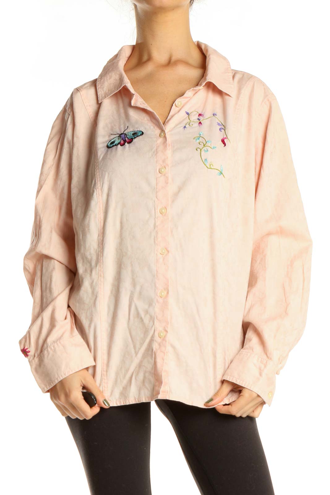 Reworked: Pink Hand Embroidered Shirt with Butterfly and Floral Details Front