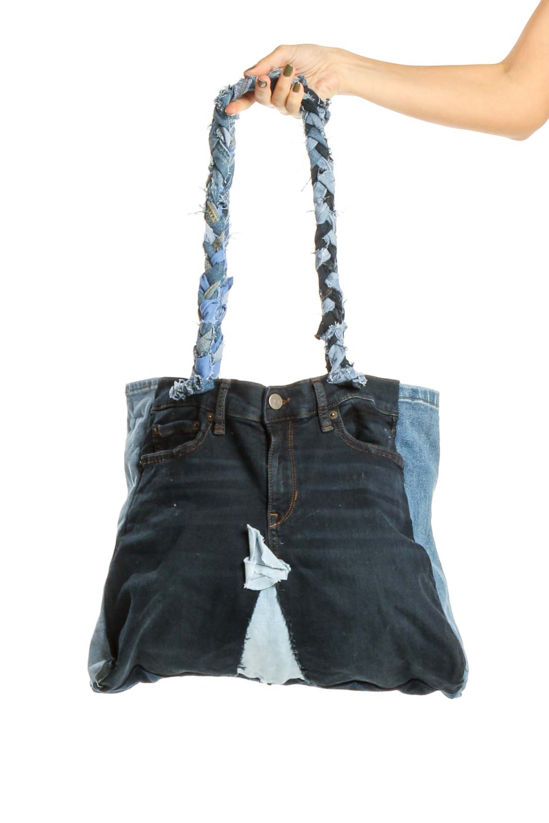 Reworked: Blue Denim Tote Bag with Side Pockets From Donated Denim Front