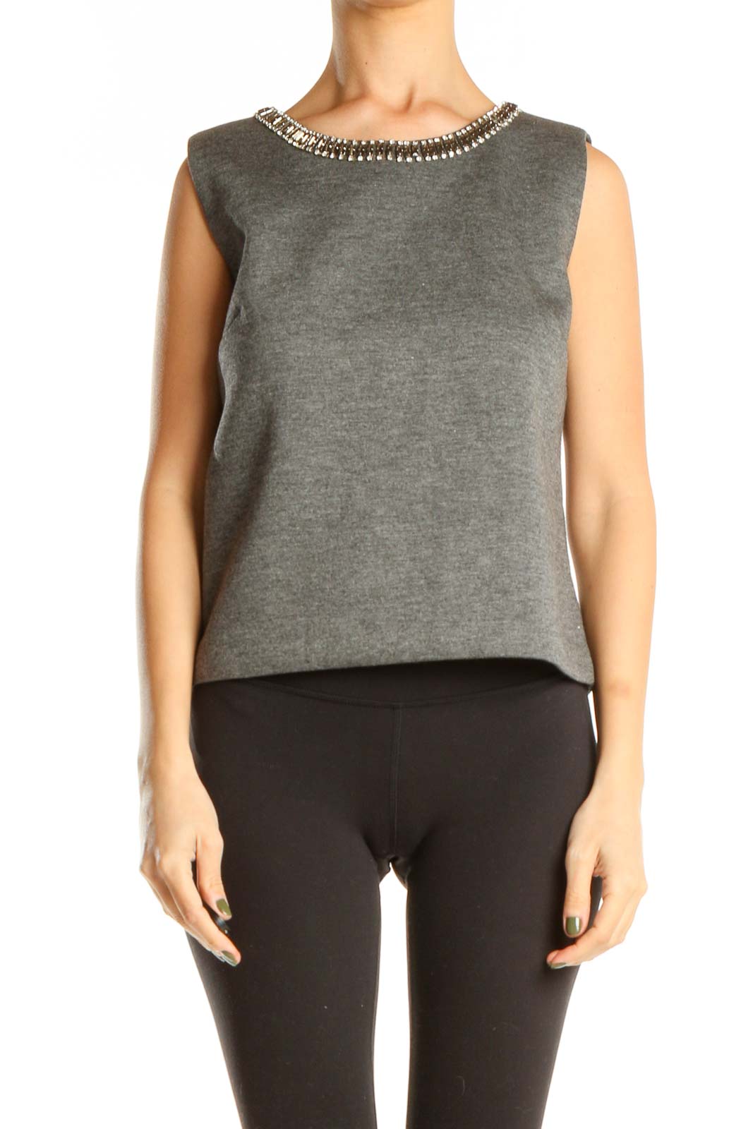 Gray Chic Top with Sequin Neckline Front