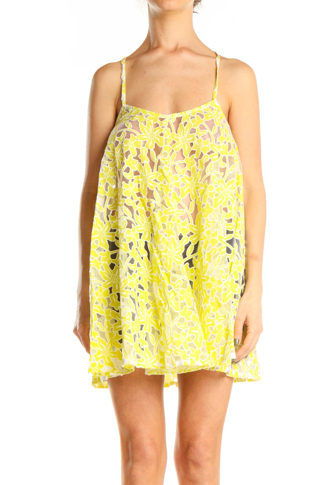 Yellow Lace Mesh Cocktail Dress Front